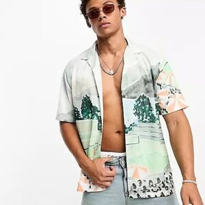 NWOT Abercrombie & Fitch Revere Collar Scenic Mesh Shirt Size L